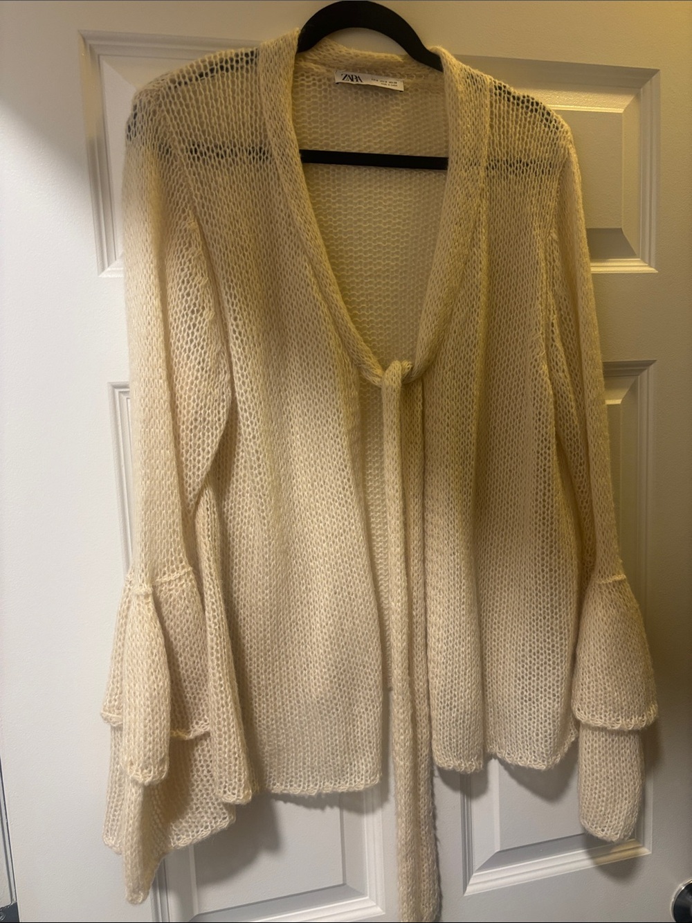 Zara Ivory Open-Knit Tie-Front Cardigan with Flared Sleeves